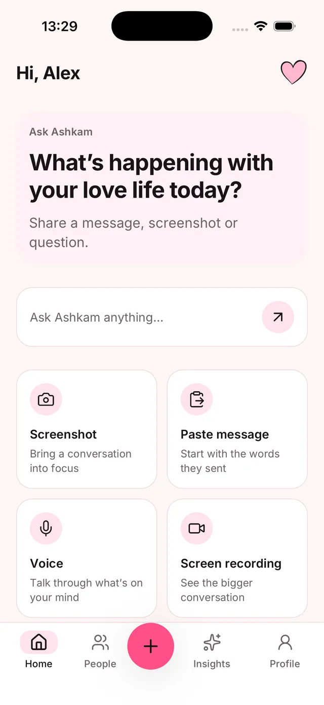 Ashkam home screen with Ask Ashkam, screenshot, paste message, voice and screen recording options